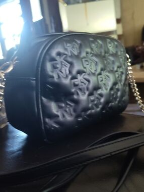 DKNY Black Embossed Logo Crossbody with Gold-Tone Chain